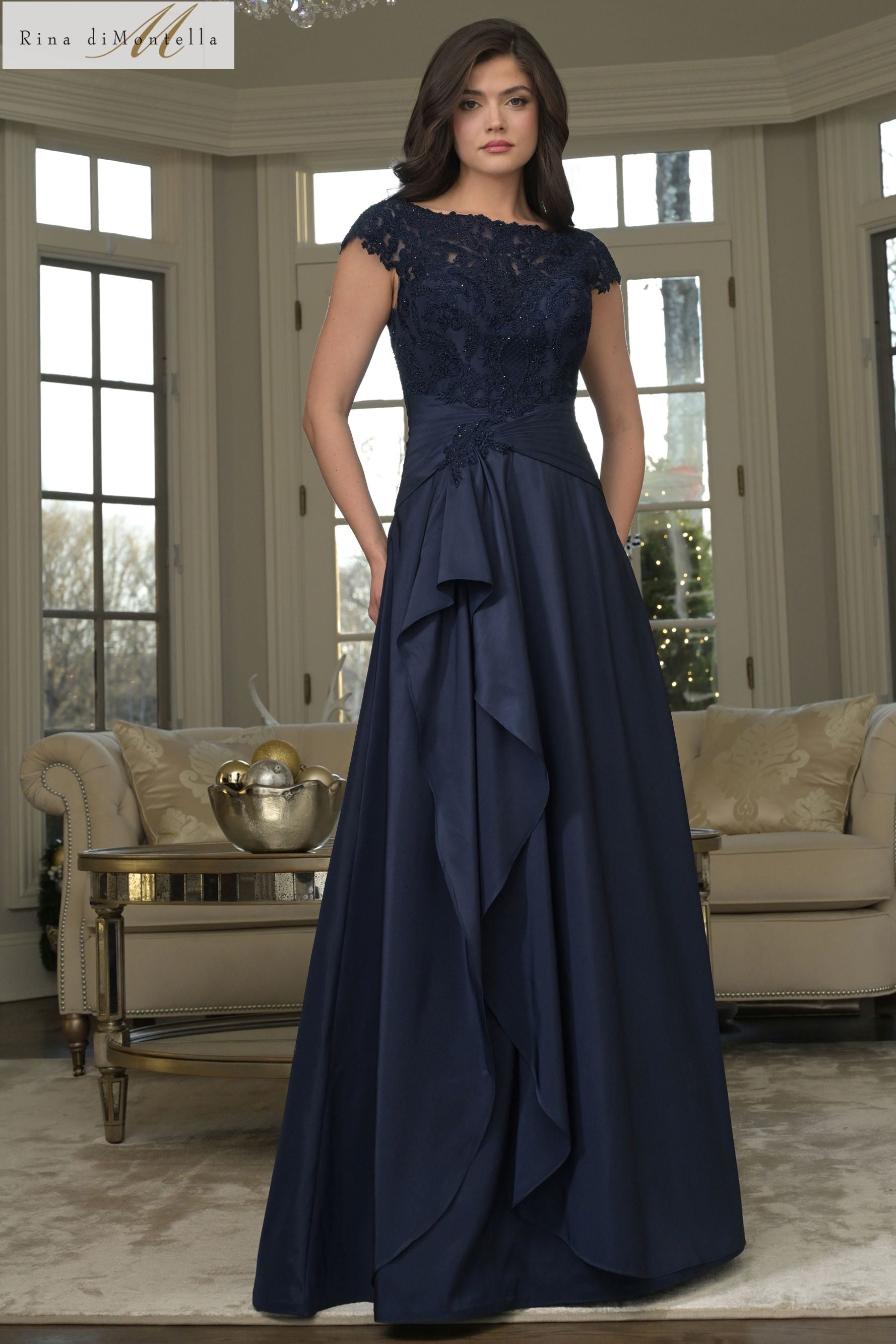 Rina Di Montella -RD3327 Beaded Lace Bodice A-Line Gown