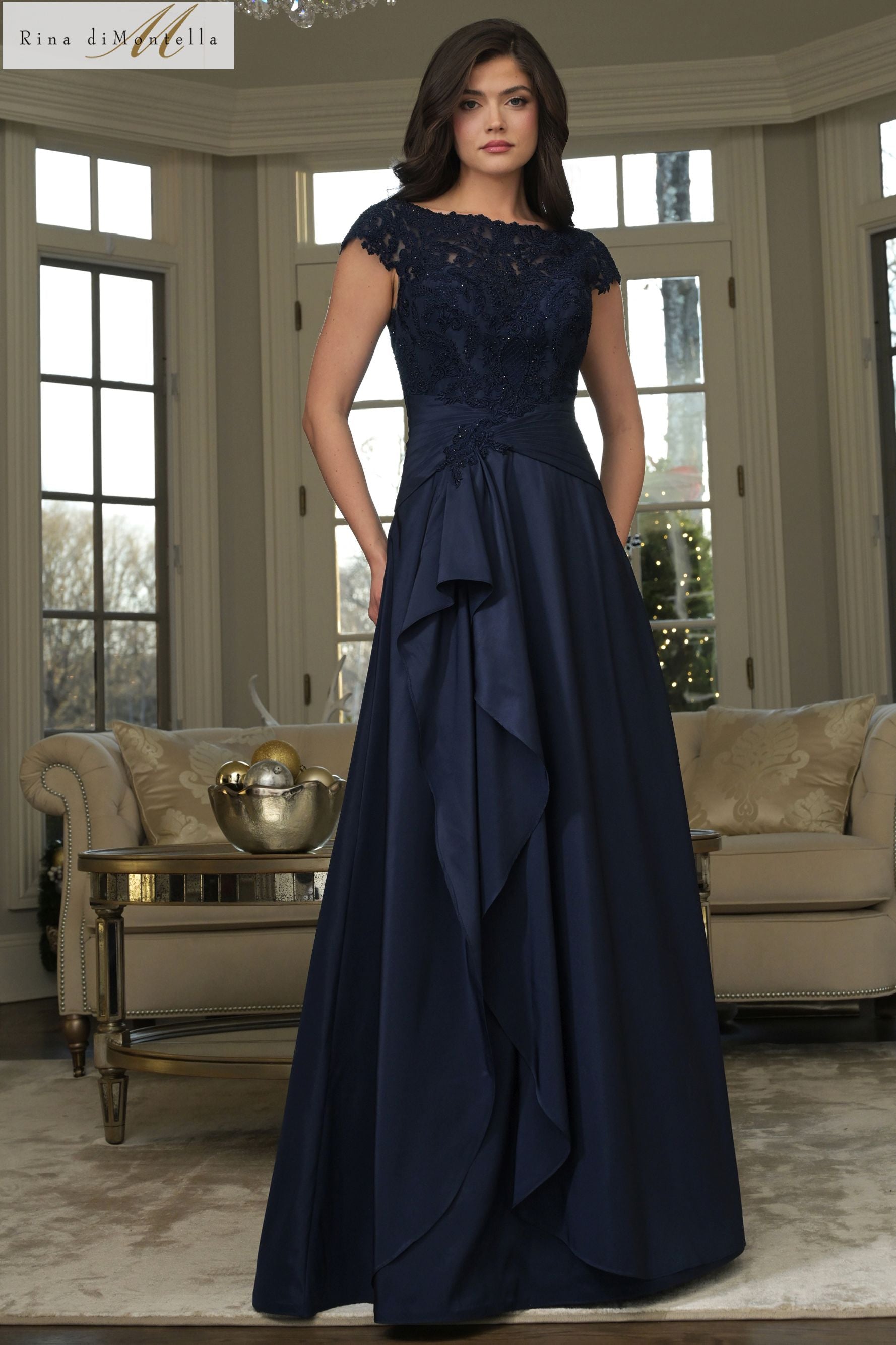 Rina Di Montella -RD3327 Beaded Lace Bodice A-Line Gown