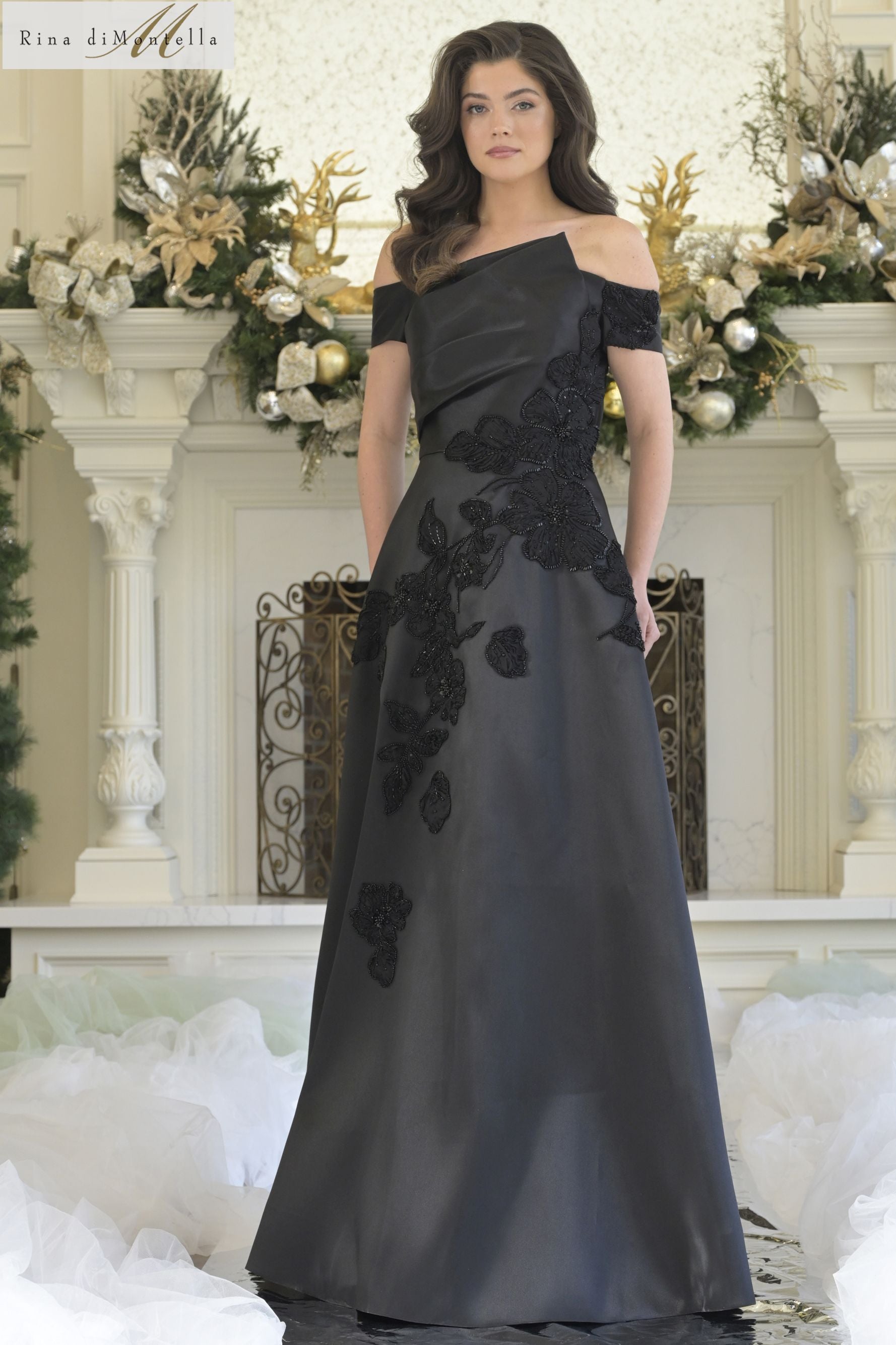 Rina Di Montella -RD3344 Asymmetric Floral Appliqued Long Dress