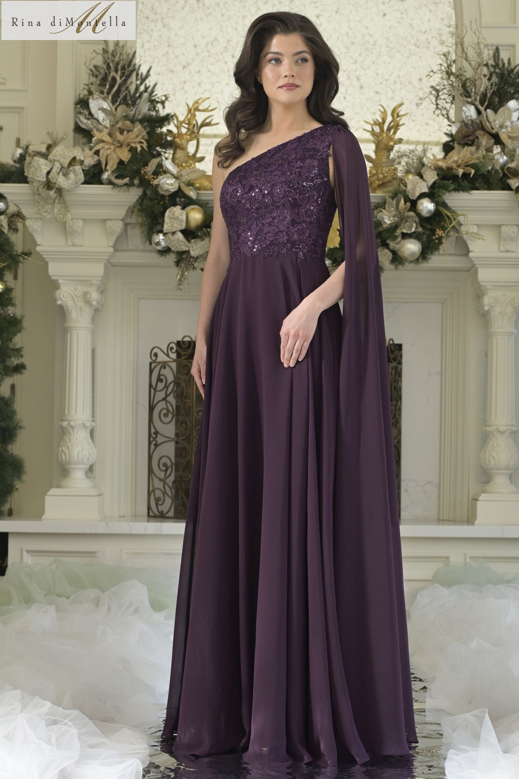 Rina Di Montella -RD3354 Embroidered One Shoulder Drape Gown