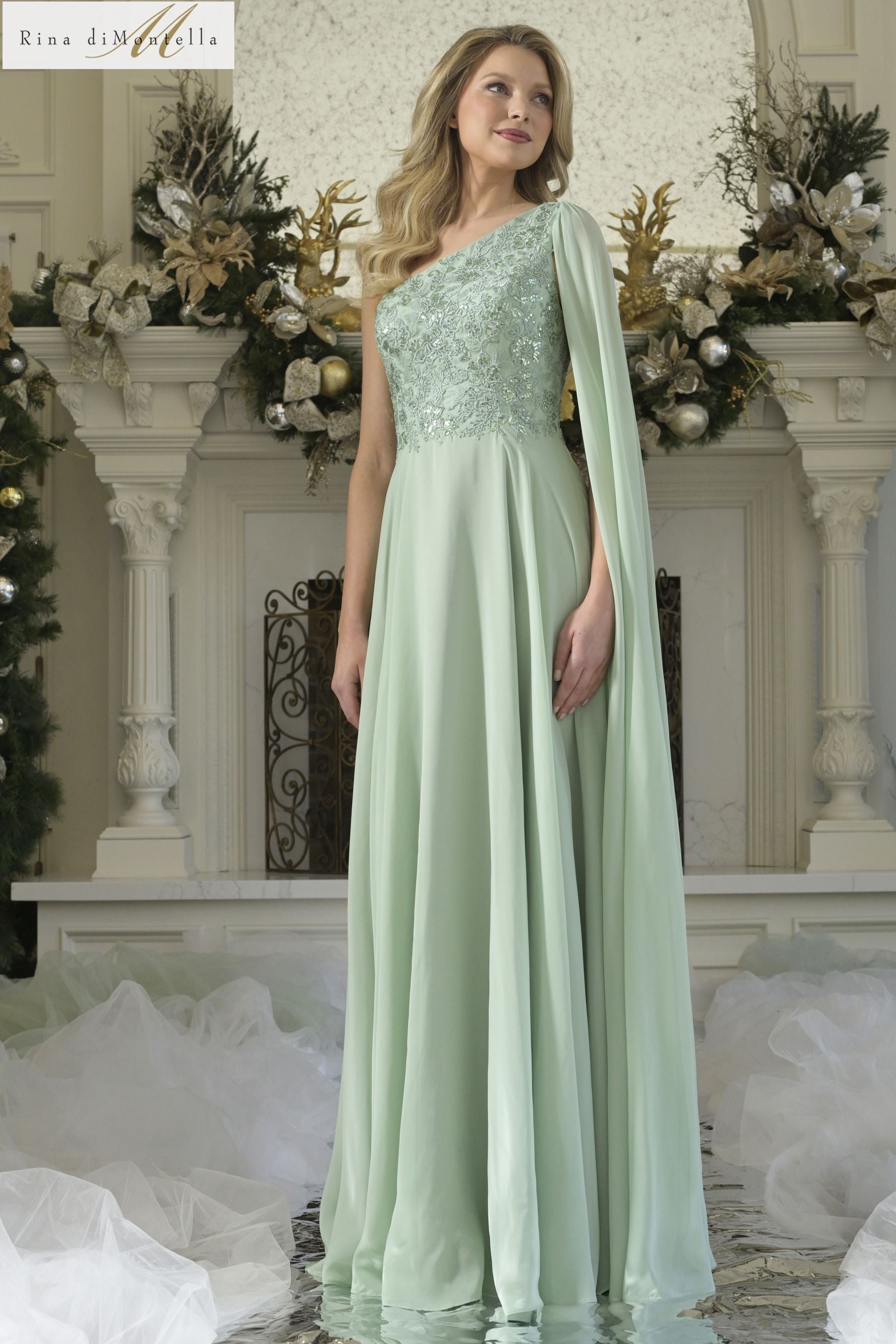 Rina Di Montella -RD3354 Embroidered One Shoulder Drape Gown