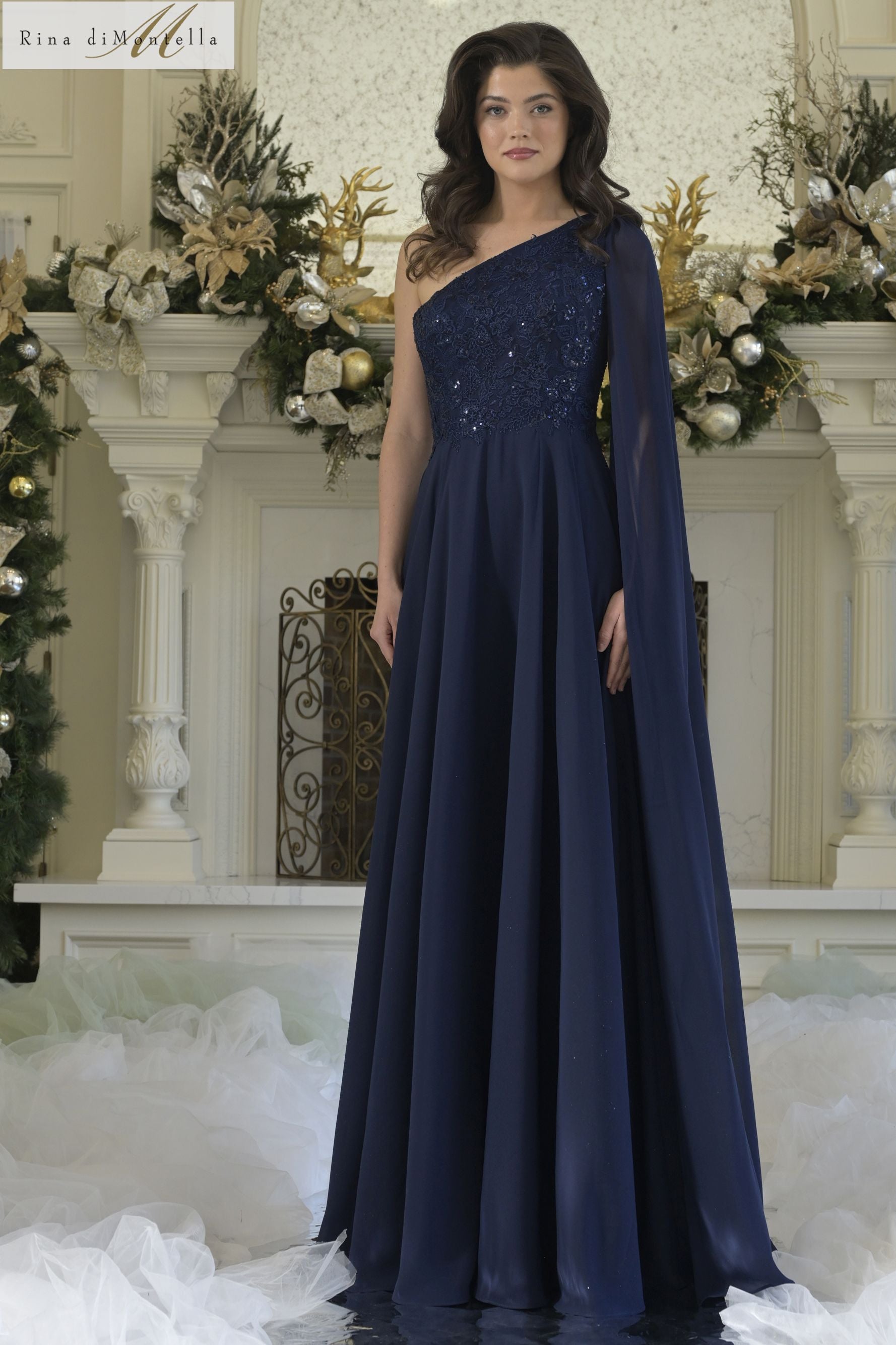 Rina Di Montella -RD3354 Embroidered One Shoulder Drape Gown