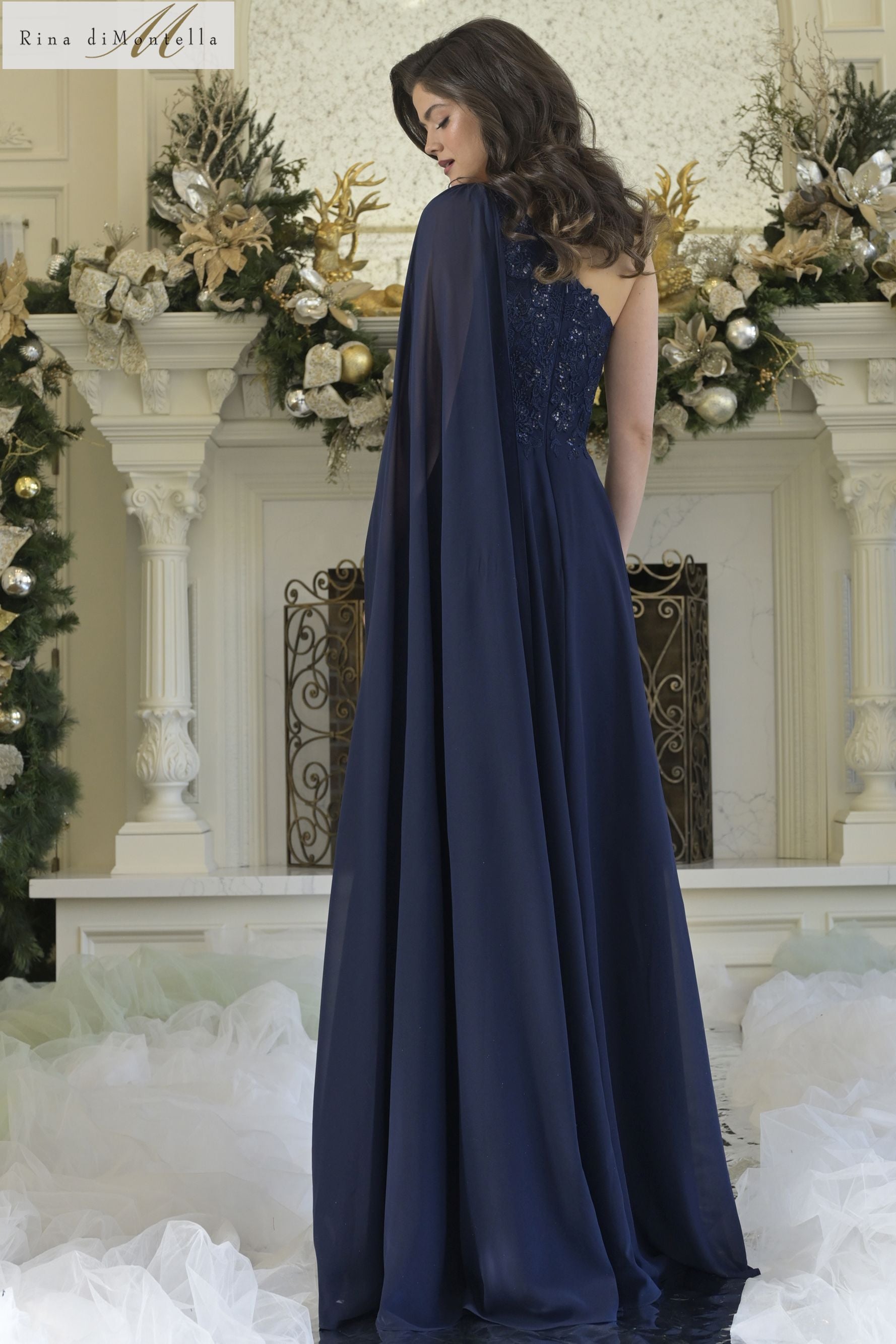 Rina Di Montella -RD3354 Embroidered One Shoulder Drape Gown