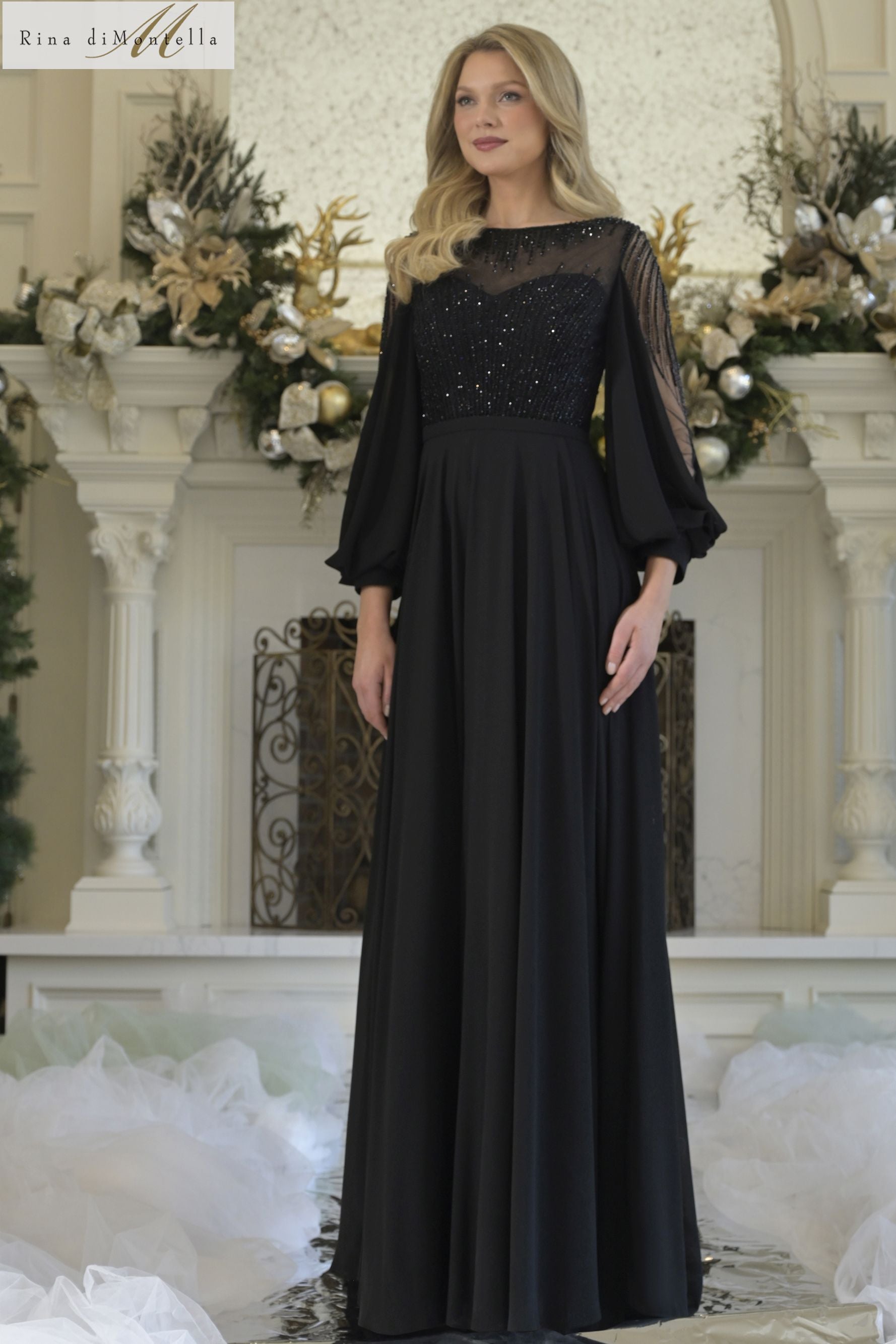 Rina Di Montella -RD3374 Beaded Bodice A-line Sleeve Gown
