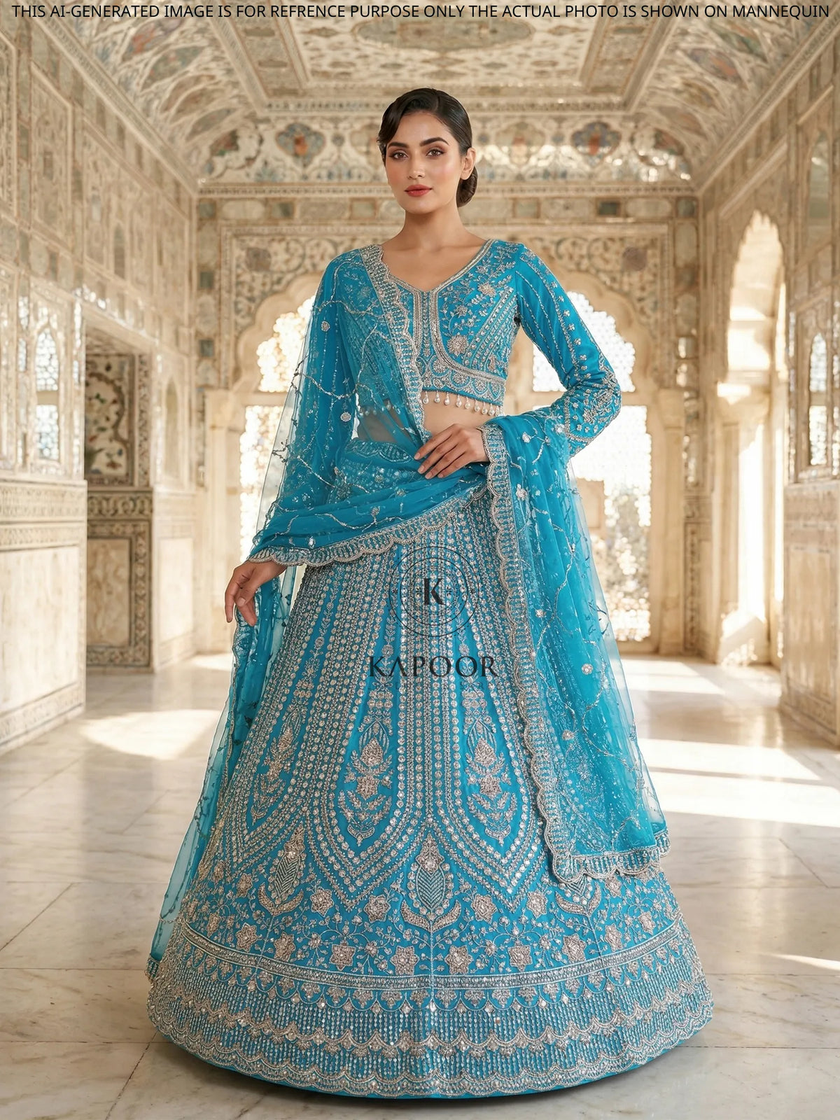 MyFashion KLS-2489 Rama Blue Noorani Flare Net Lehenga