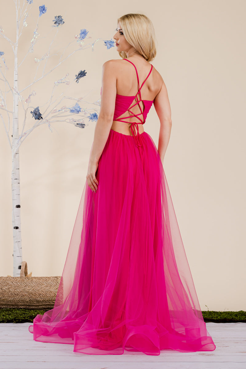 Prima Dress -SA502385 V-Neck Lace Up Back Tulle Dress