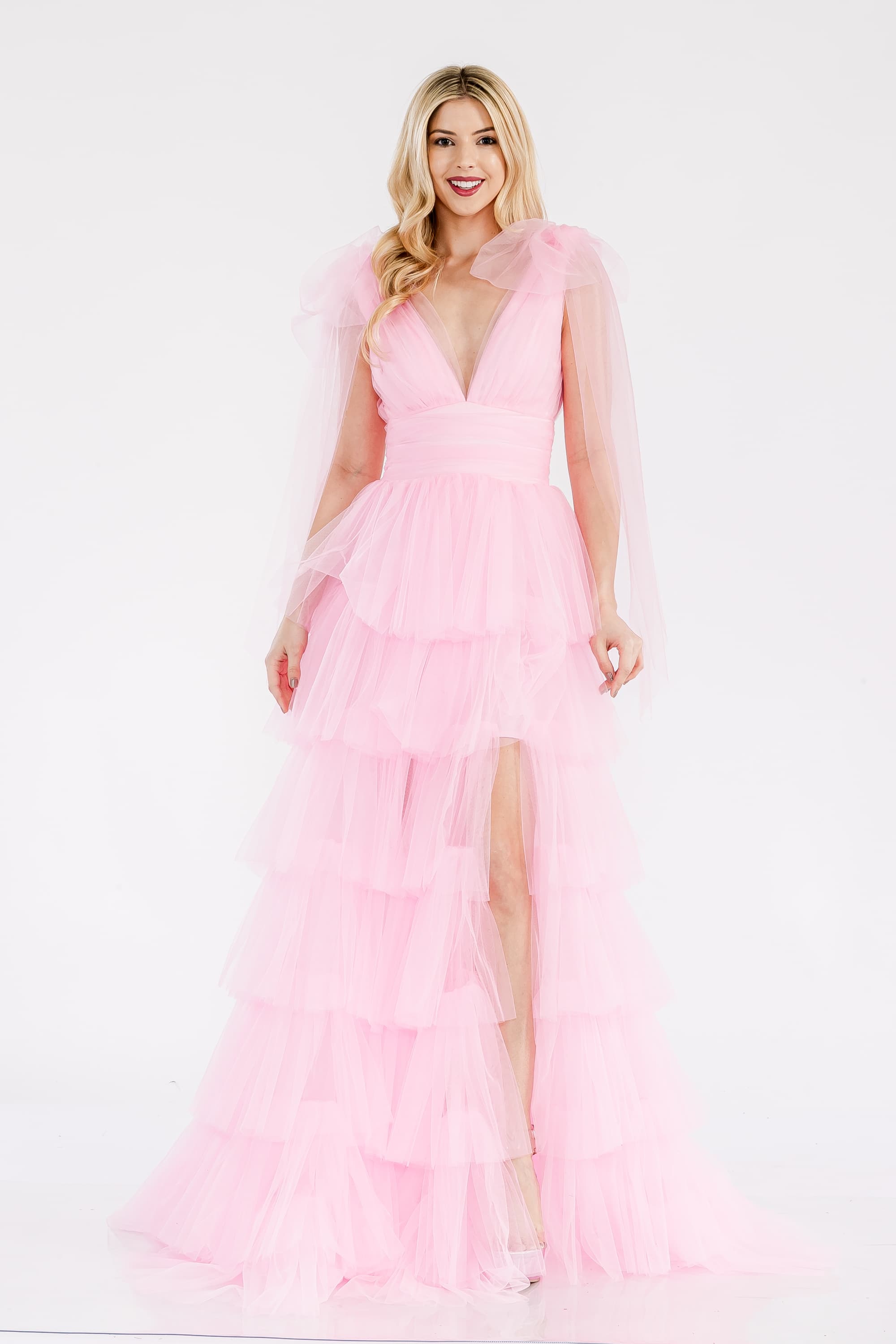 Prima Dress -SA502413 V-Neck Ruffled Tulle A-Line Dress