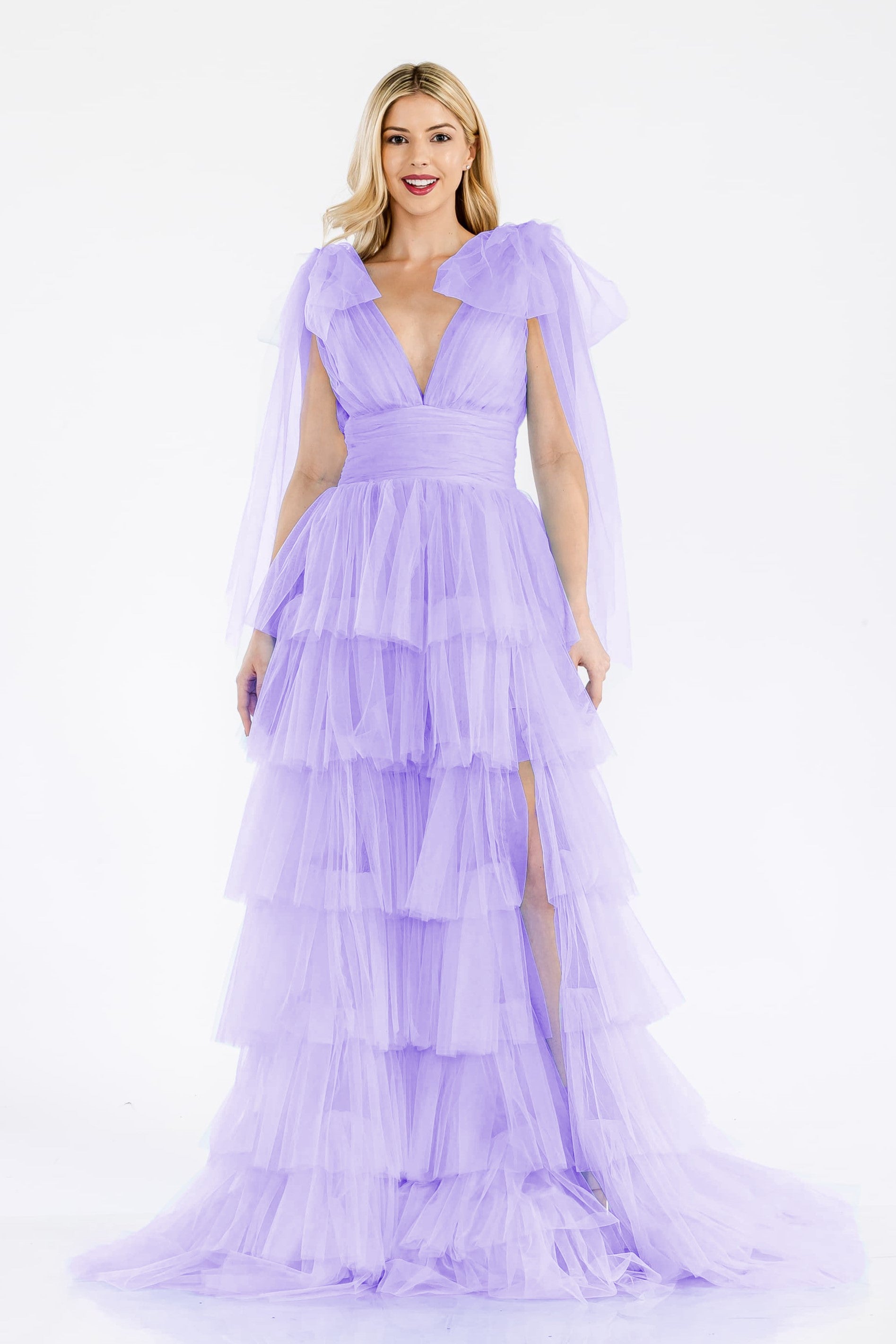 Prima Dress -SA502413 V-Neck Ruffled Tulle A-Line Dress