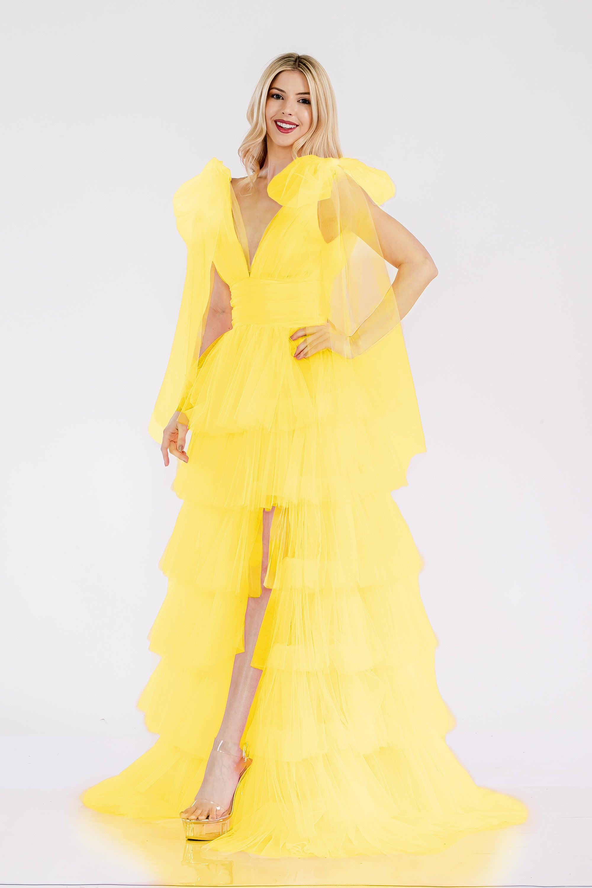 Prima Dress -SA502413 V-Neck Ruffled Tulle A-Line Dress