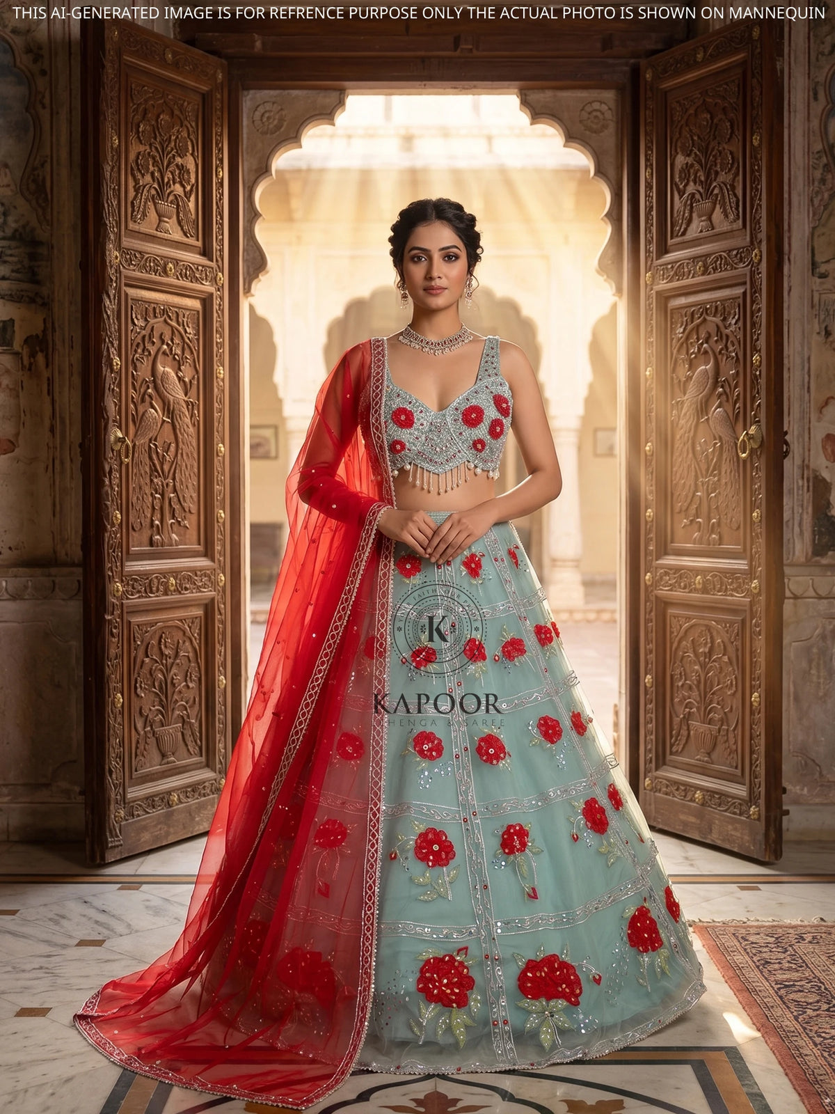 MyFashion KLS-2674 Multi Thread Aplique Net Sea Green Lehenga