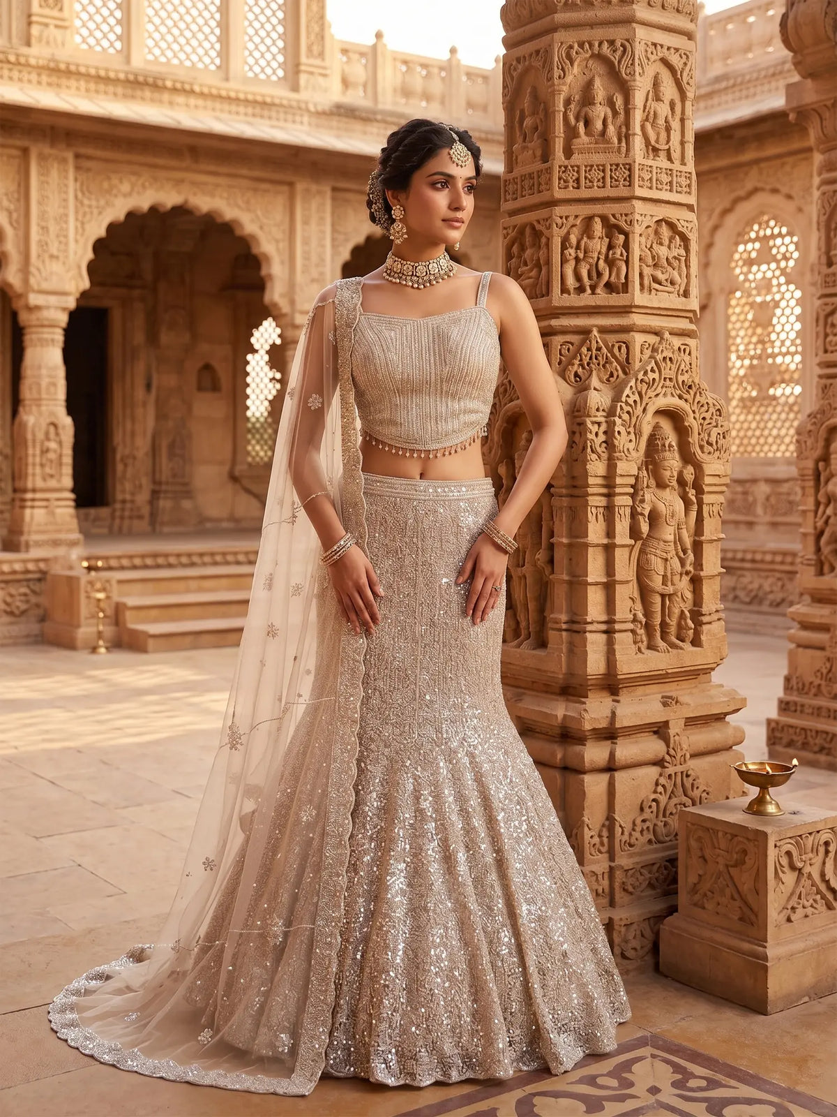 MyFashion KLS-2742 Champagne Net Fishcut Lehenga With Sequins Work