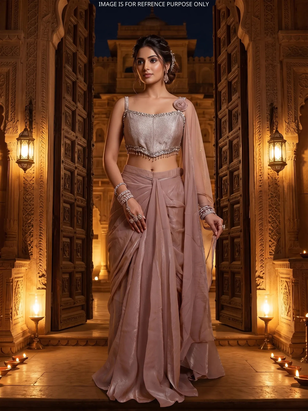 MyFashion KLS-2834 Rose Gold Ready To Wear Saree With Cut Dana Work