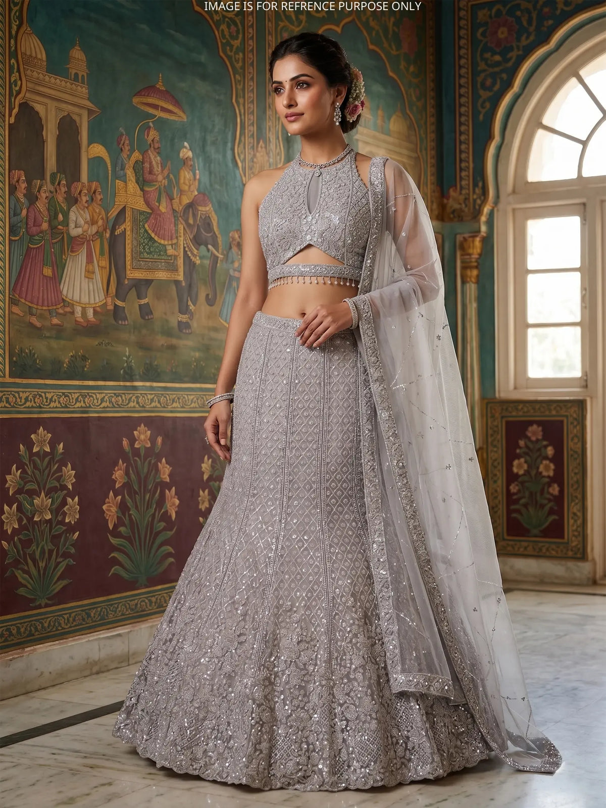 MyFashion KLS-2745 Silver Net Fishcut Wedding Lehenga Cut Dana Work Design