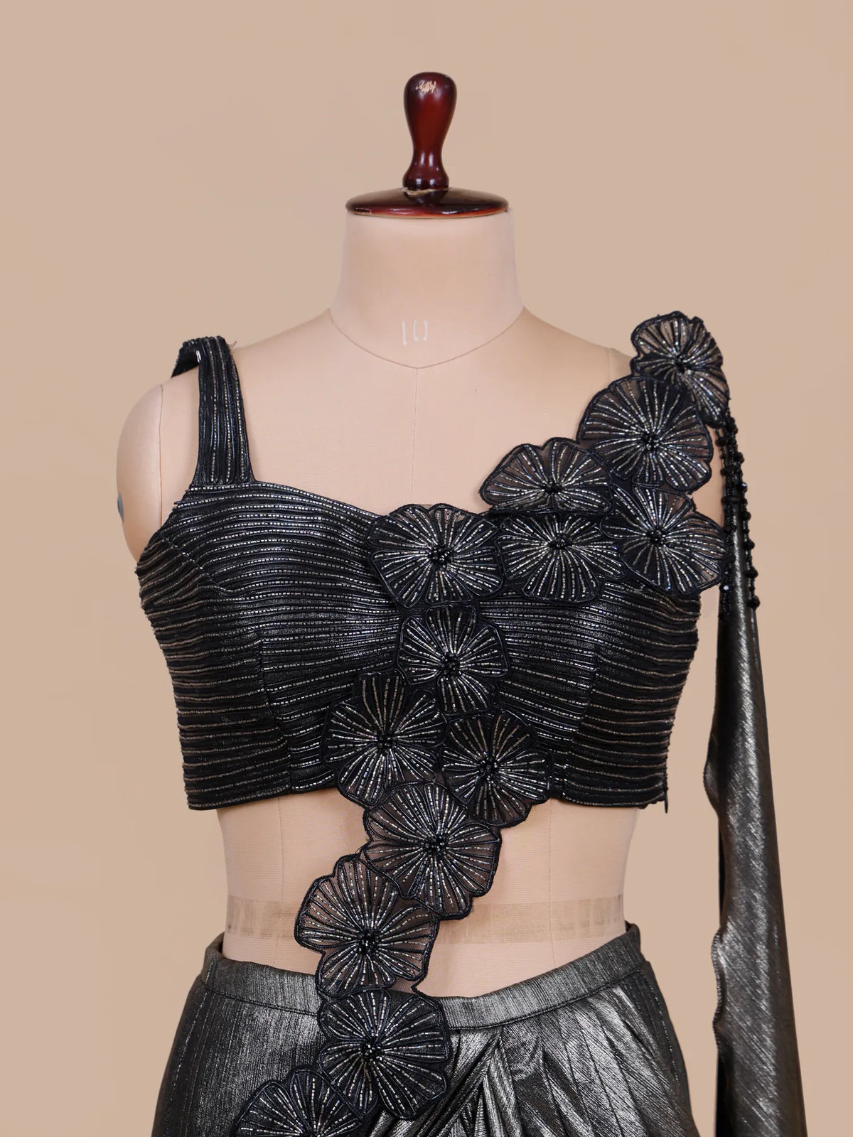MyFashion KLS-2739 Dark Grey Imported Lycra Pre Draped Saree With Crystal Work