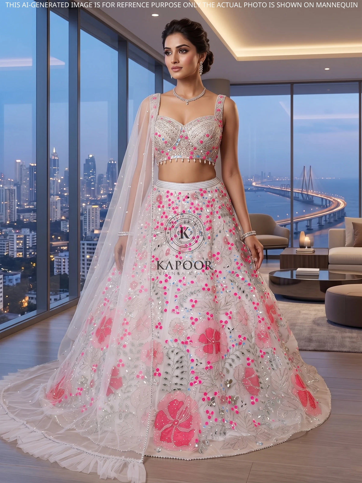 MyFashion KLS-2678 Soft White Net Lehenga with Pearl Mirror & Aplique Craft