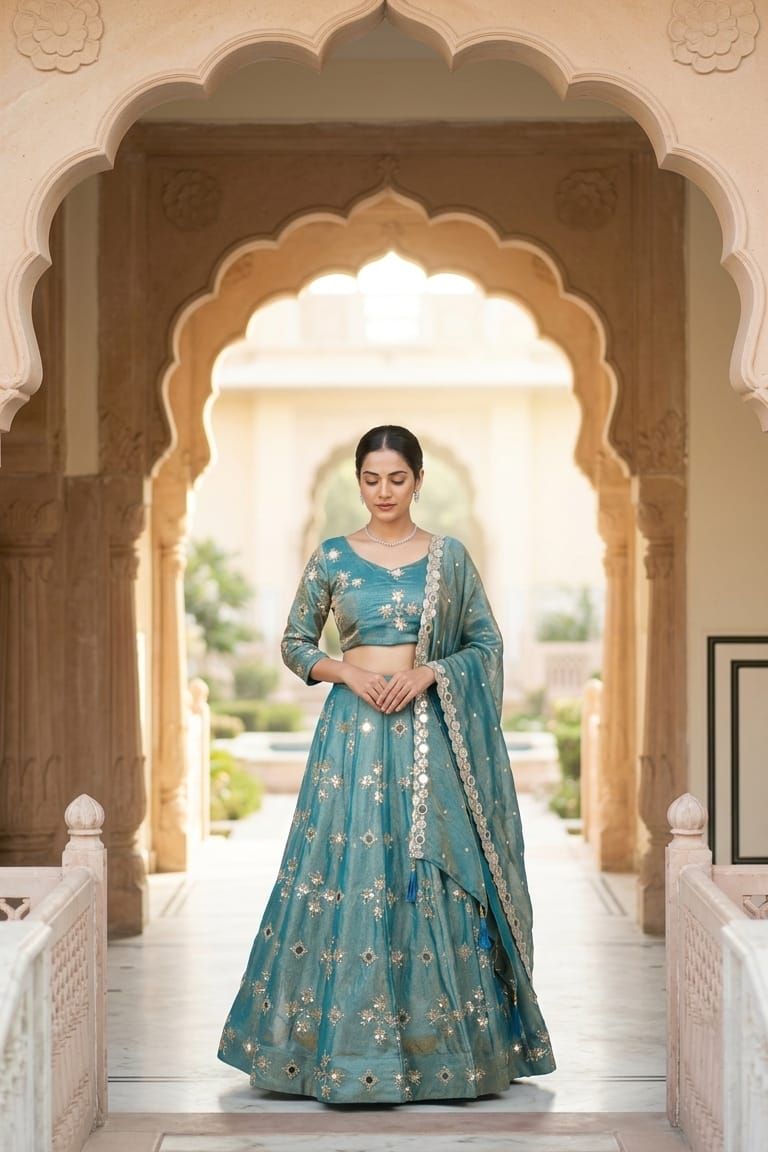 MyFashion -REET Mehar Women's Mirror Work Sequins Tissue Silk Lehenga