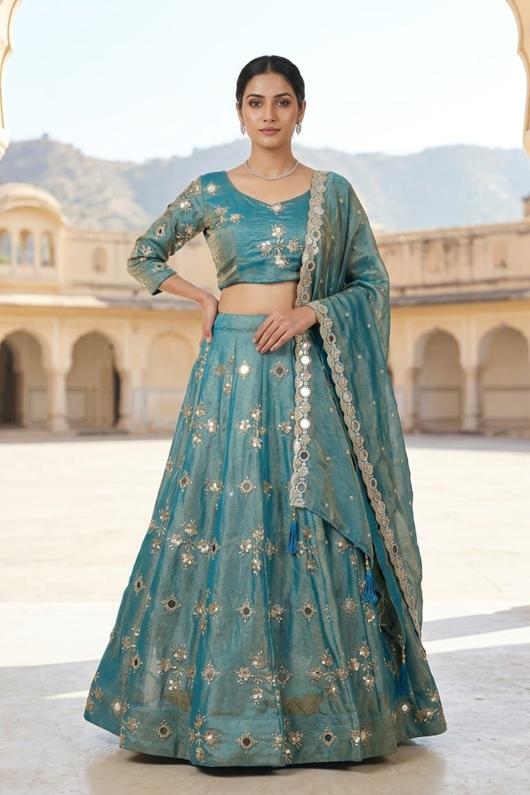 MyFashion -REET Mehar Women's Mirror Work Sequins Tissue Silk Lehenga