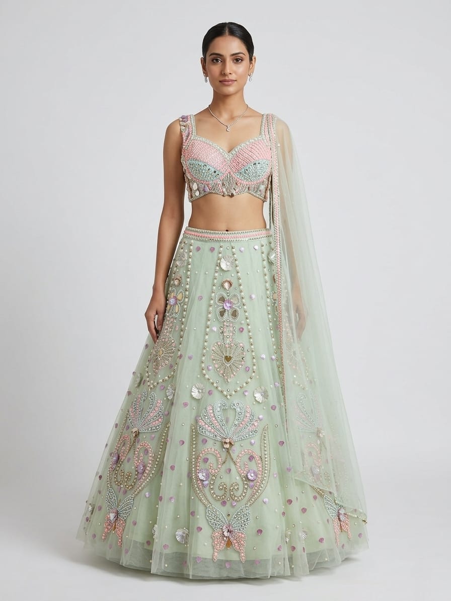 MyFashion -REET Titli 3D Floral Pearl Work Net Lehenga Choli