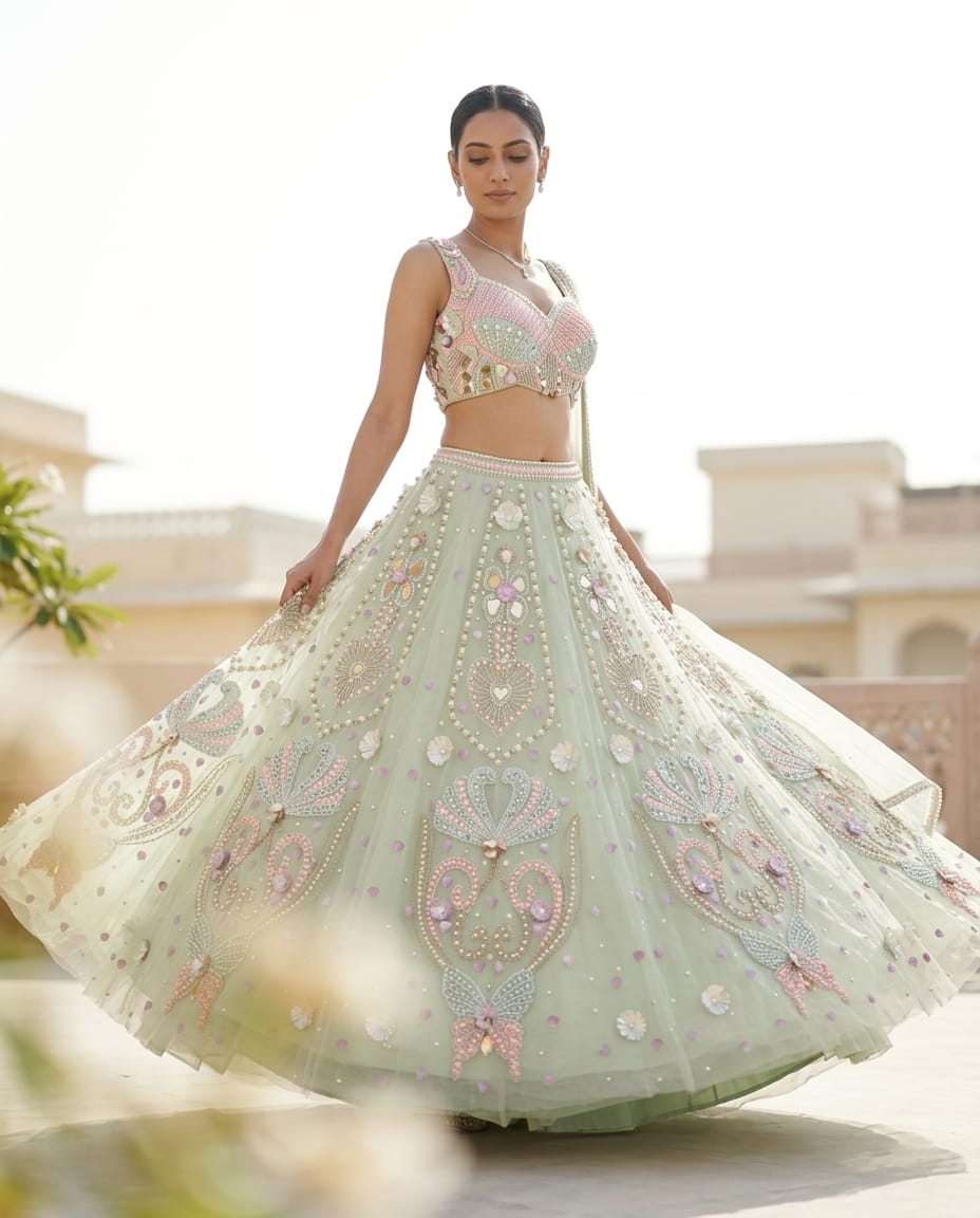 MyFashion -REET Titli 3D Floral Pearl Work Net Lehenga Choli