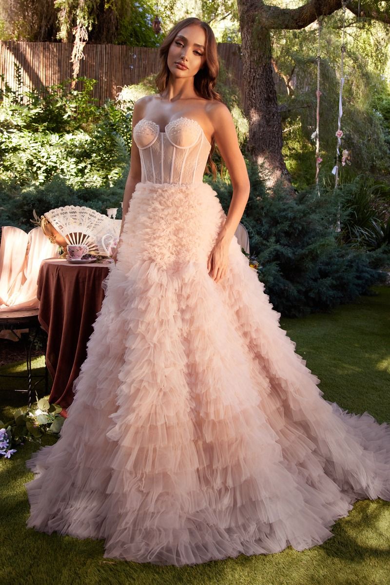 Strapless Faux Lace Corset With A Ruffled Ombre Ballgown. Back Zipper Closure, Some Stretch. by Andrea and Leo -A0767