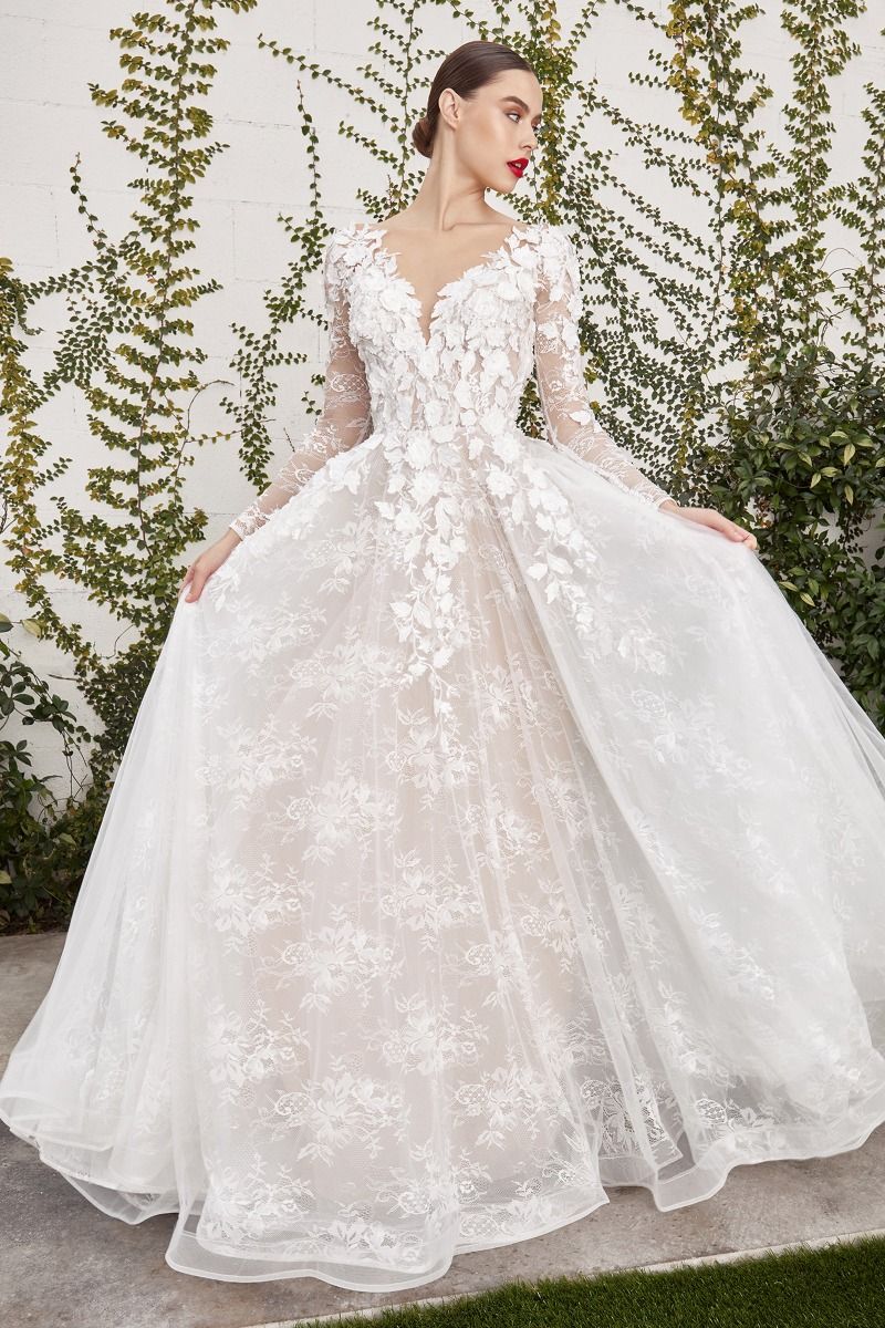 Andrea And Leo -A1067WC 3D Floral White Long Sleeve Dress With A-Line Dress