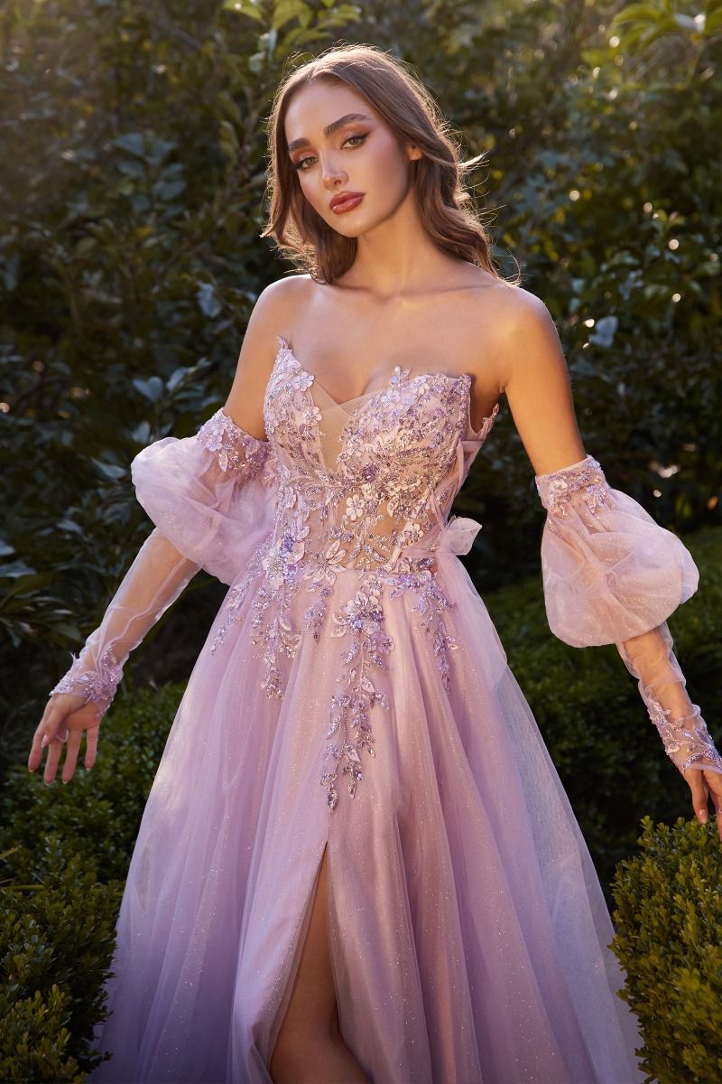 Andrea and Leo -A1303 Lace Applique A-Line Dress With Removable Puff Sleeve