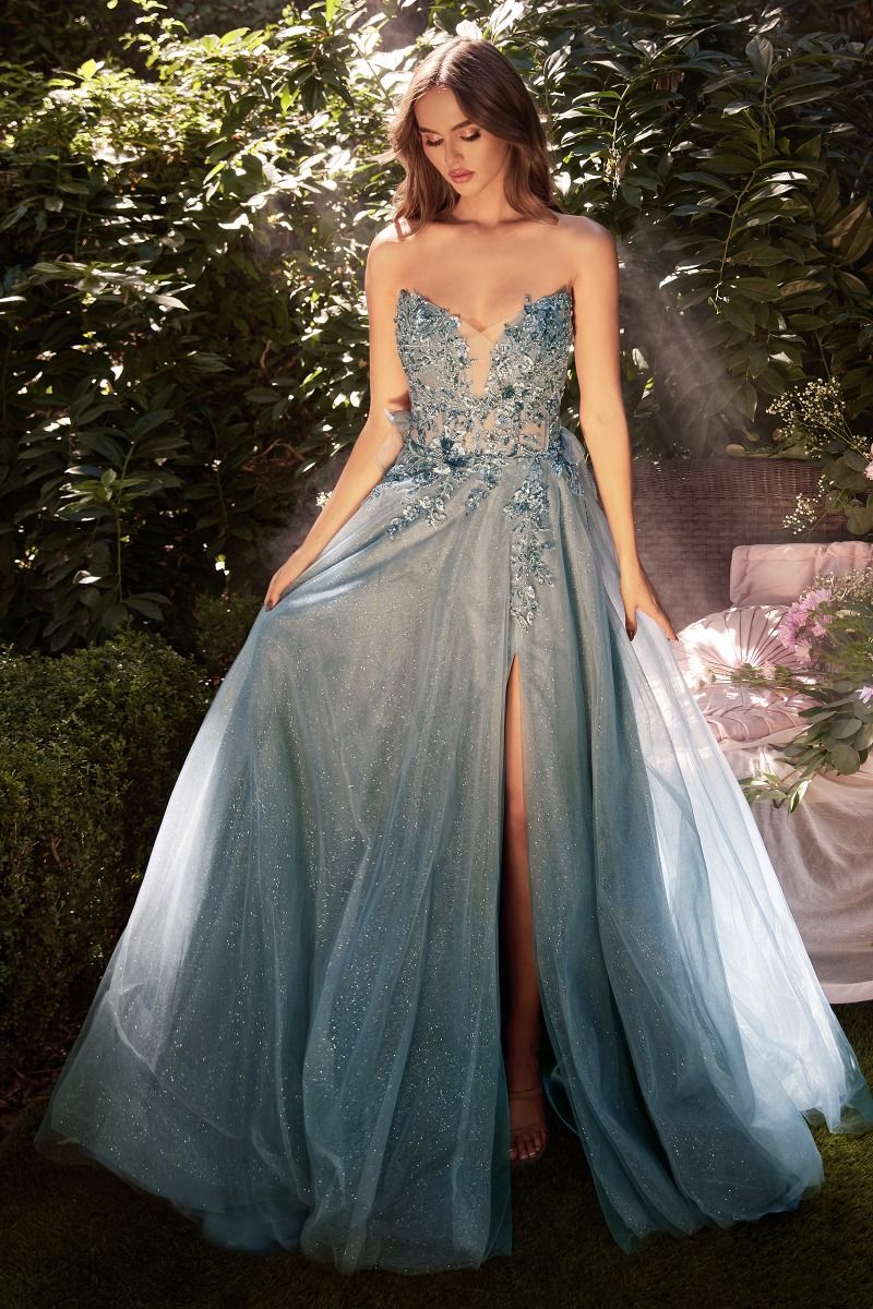 Andrea and Leo -A1303 Lace Applique A-Line Dress With Removable Puff Sleeve