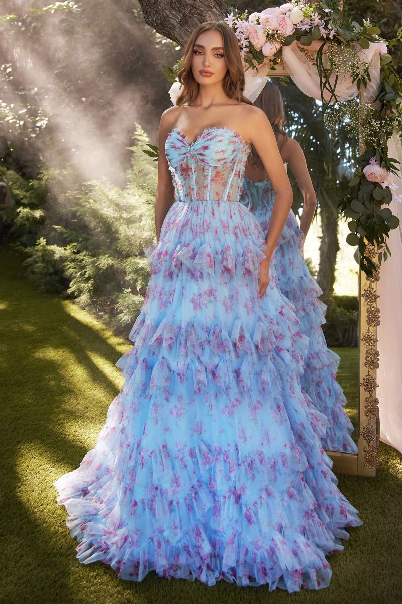 blue dress with pink flowers Blue Floral Midi Summer Dress with Short Puff Sleeves Blue Floral / Small