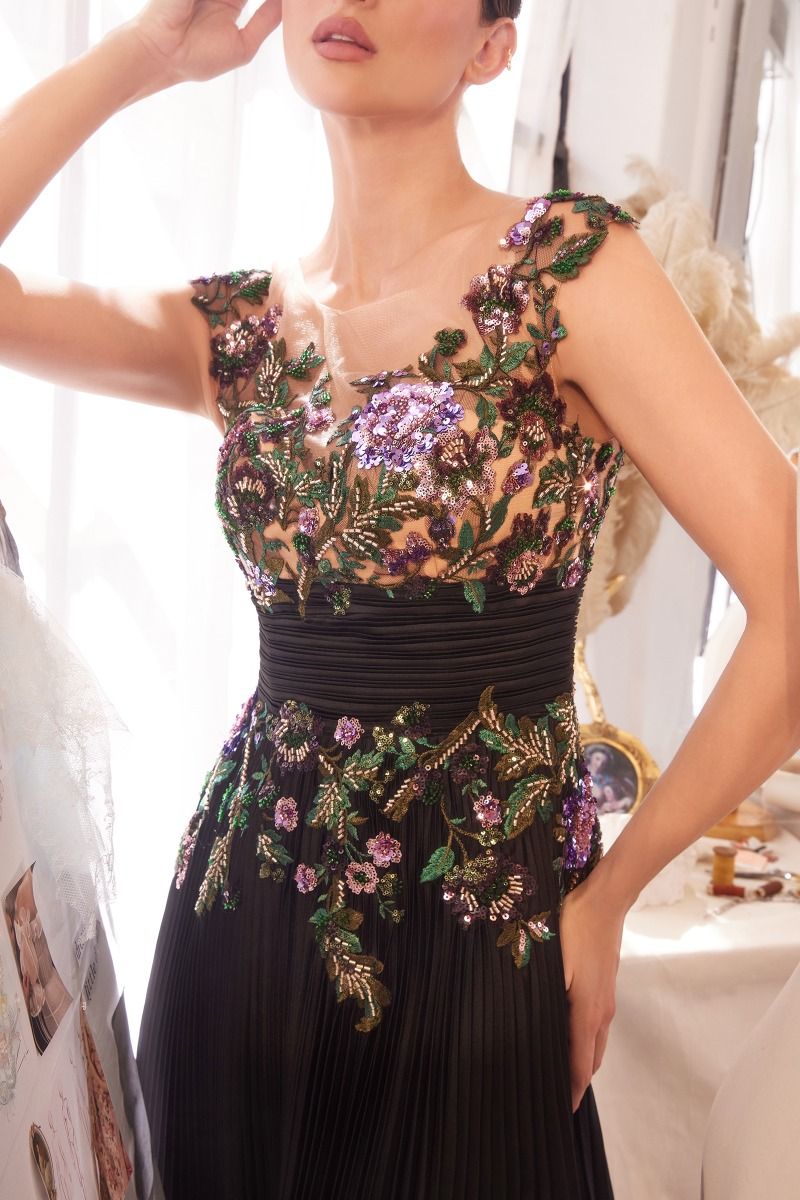 Andrea and Leo -A1355 Embellished Pleated A-Line Dress