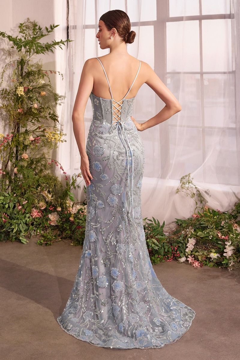 Andrea and Leo -A1393 Plunging Neck Metallic Mermaid Gown