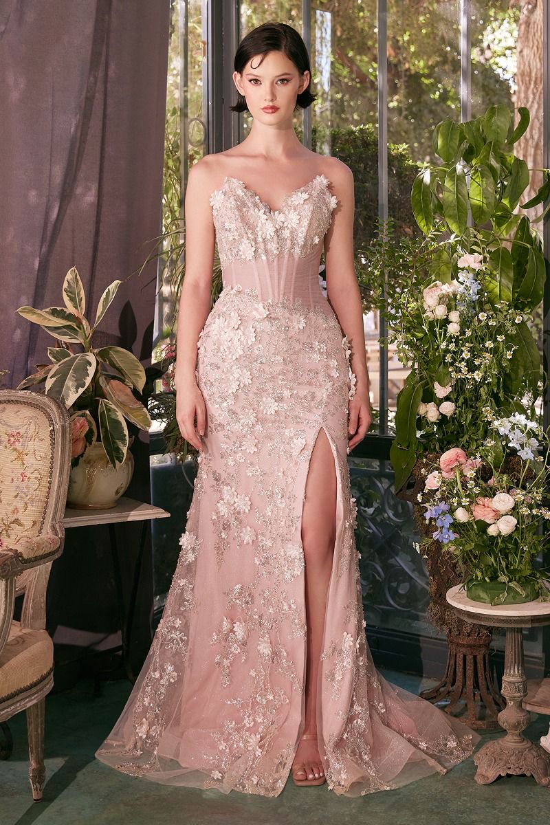 Andrea and Leo -A1396 Beaded Dimensional Floral Corset Gown
