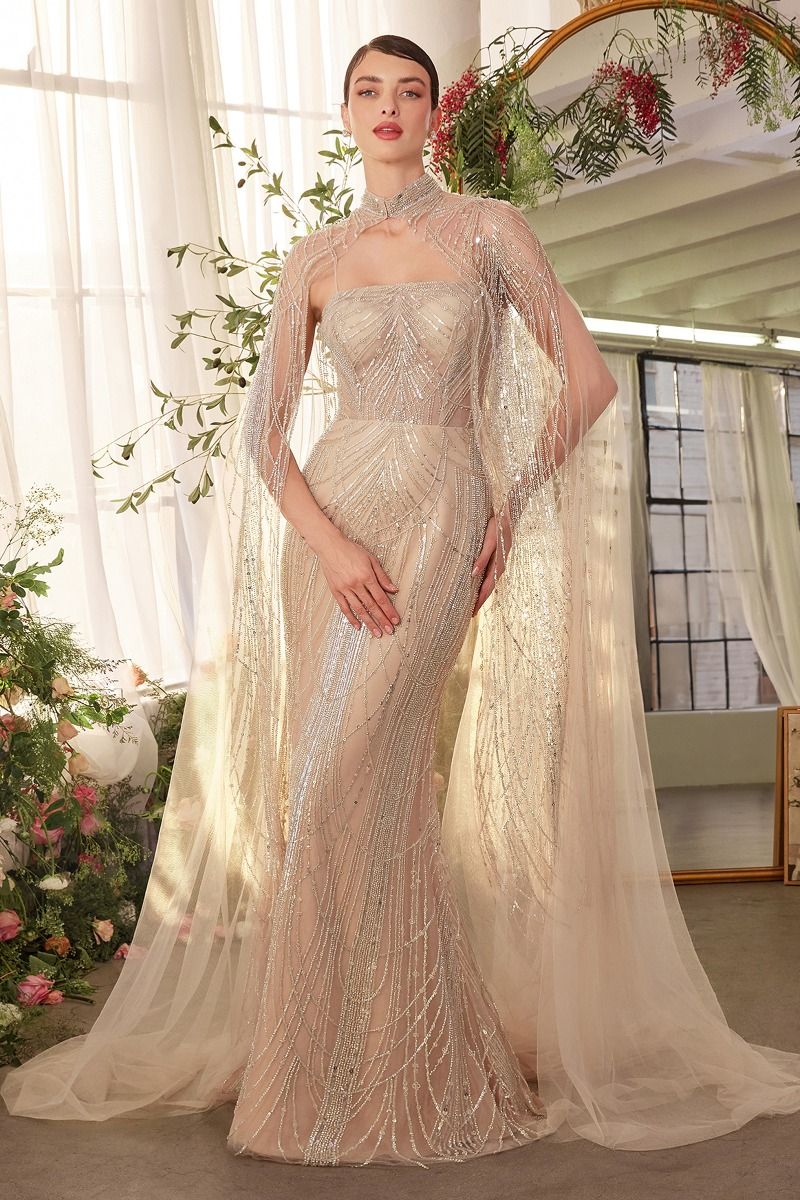 Andrea and Leo -A1411 Beaded Tulle Straight Neck Prom Gown