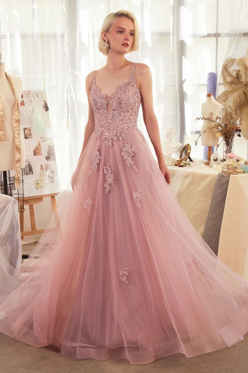 Andrea and Leo -A1417 Lace Applique Tulle A-Line Dress
