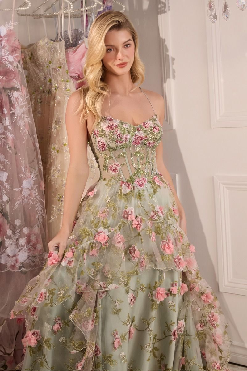 Andrea and Leo -A1420 Floral Printed Layered A-Line Dress