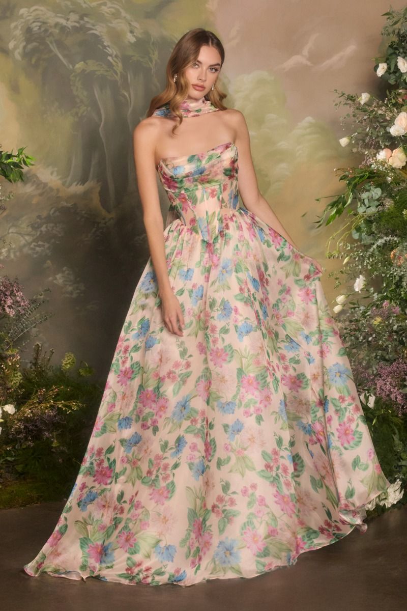 Andrea and Leo -A1425 Floral Print Strapless A-line Gown