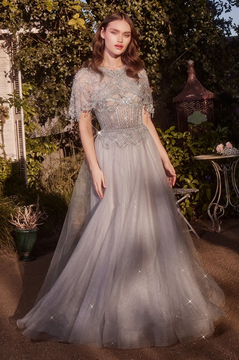 Andrea and Leo -A1444 Beaded Cape Crystal Ballgown