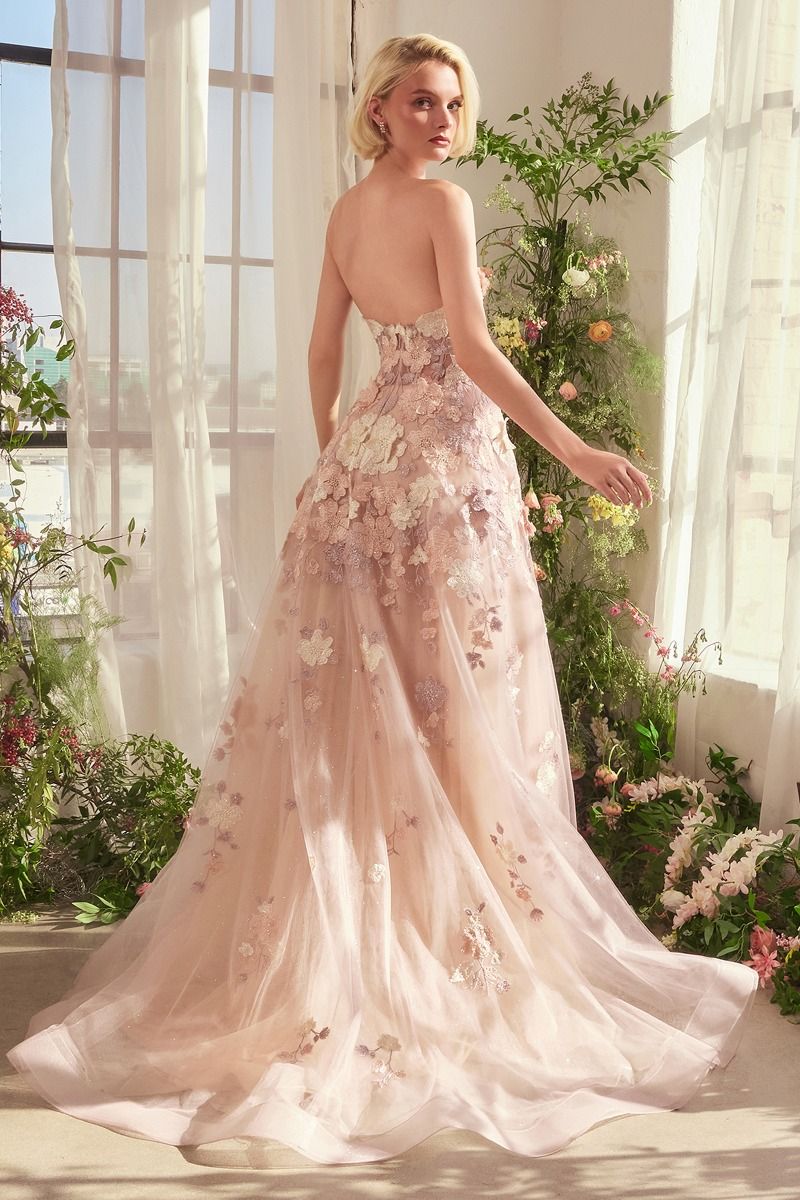 Andrea and Leo -A1453 Floral Applique & Sheer Bodice A-line Gown