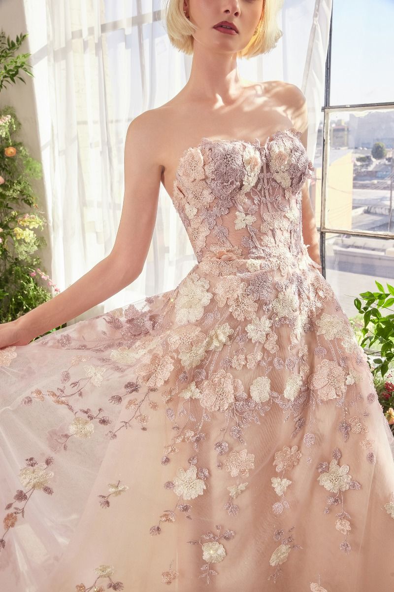 Andrea and Leo -A1453 Floral Applique & Sheer Bodice A-line Gown