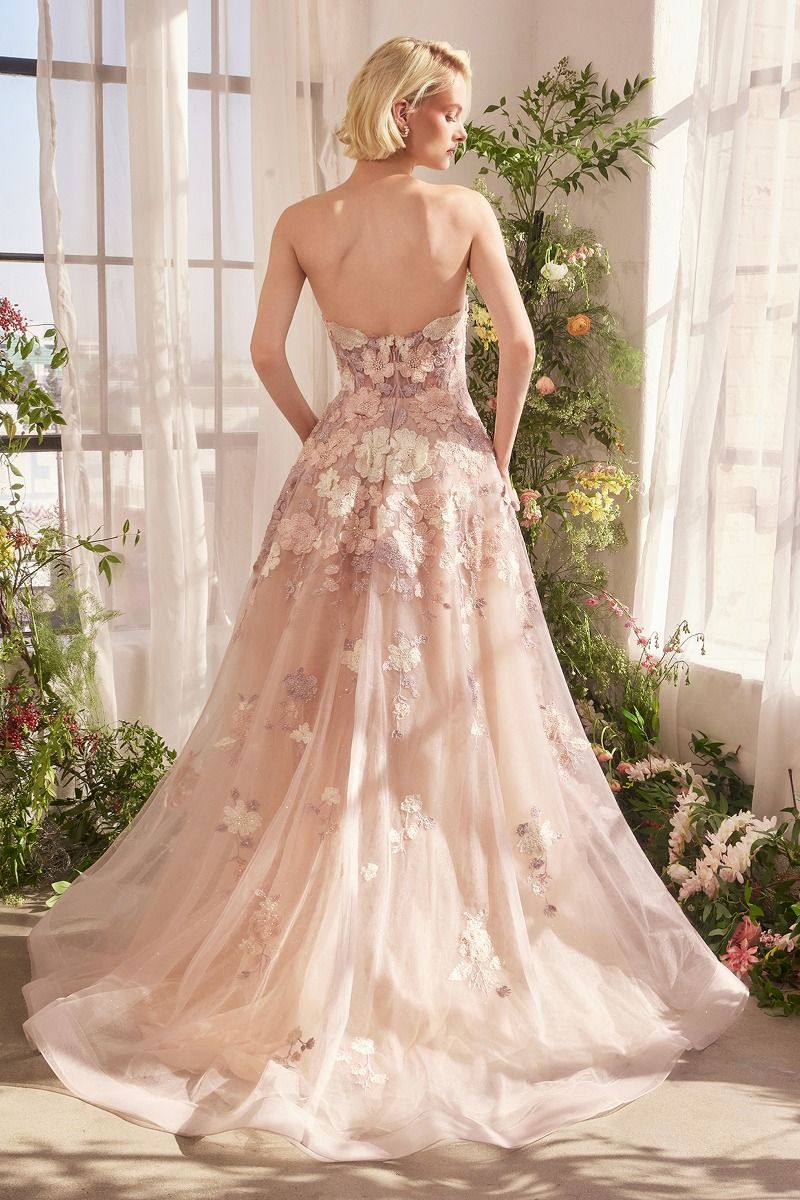 Andrea and Leo -A1453 Floral Applique & Sheer Bodice A-line Gown