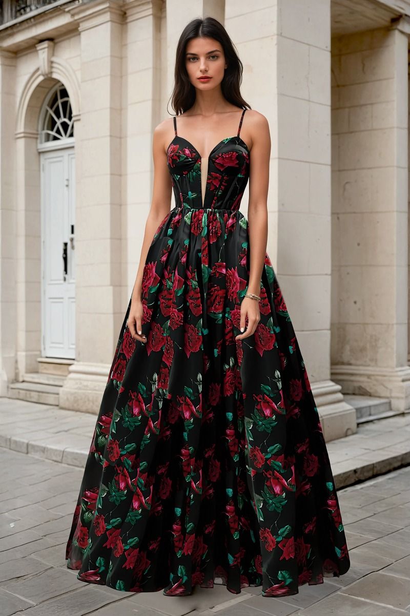 Andrea and Leo -A1465 Plunging Neck With Red Floral Print Prom Gown