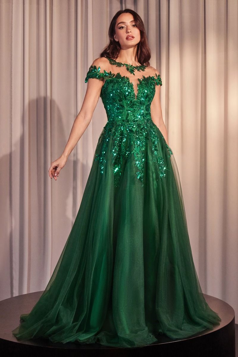 Andrea and Leo -A1475 Floral Applique Illusion A-Line Gown