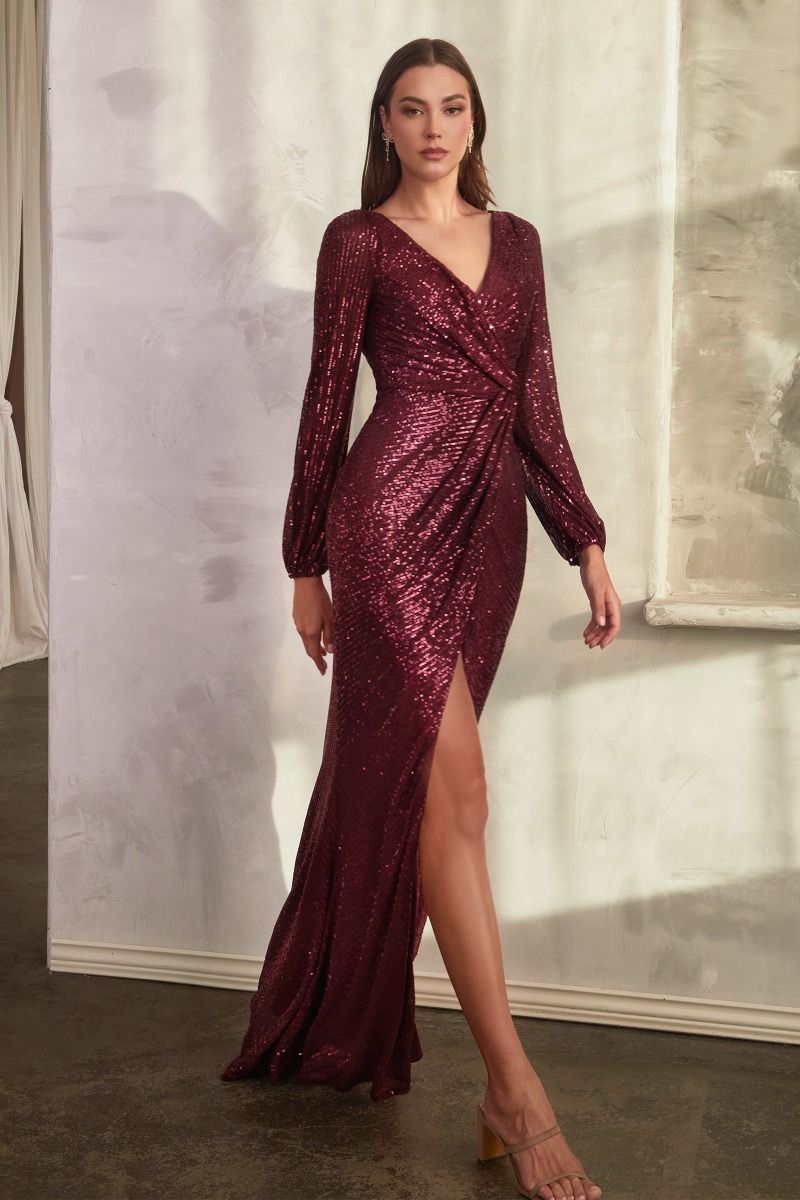 Cinderella Divine -B8422 Sequined V-Neck Sheath Prom Gown