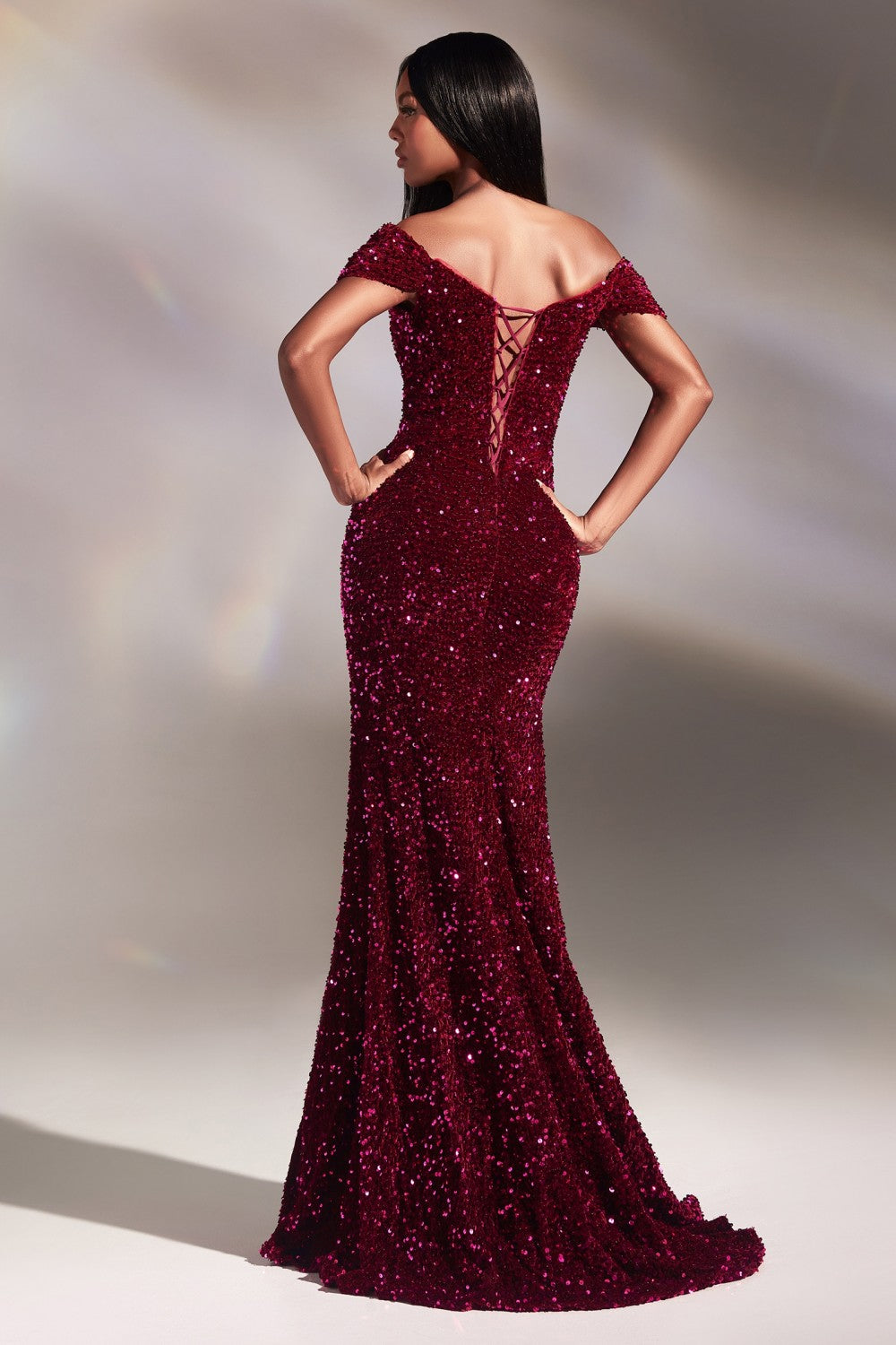 Clearance Sale Velvet Sequin Off The Soulder Gown By Cinderella Divine -CA109CL