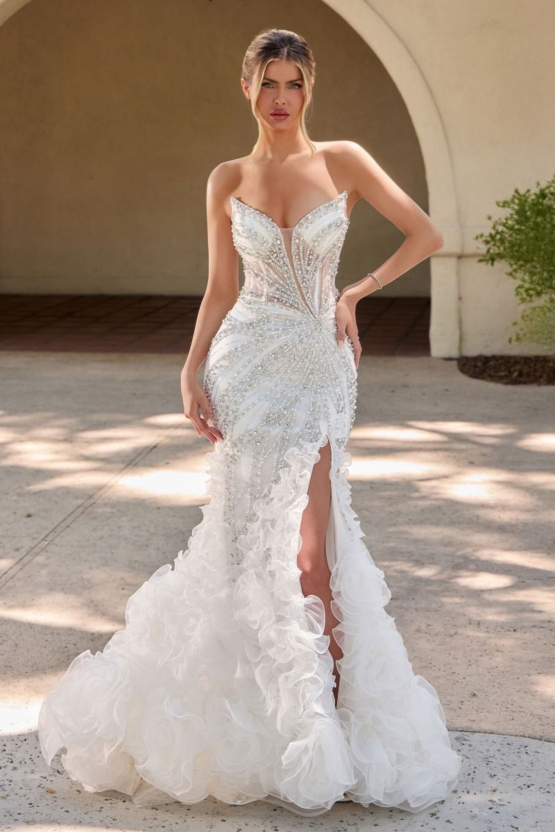Cinderella Divine -CC2488W Plunging V-Neck Ruffled Mermaid Dress