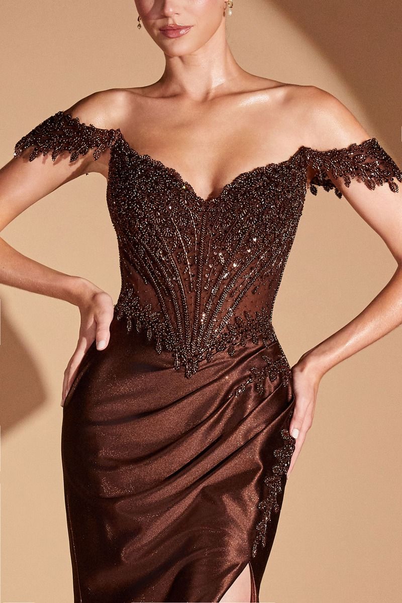 Cinderella Divine -CC456 Beaded Off Shoulder Slit Gown
