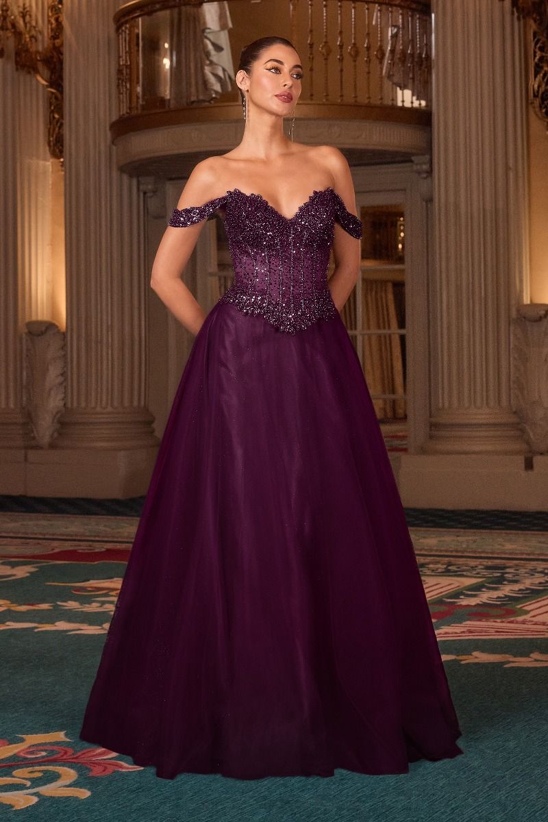 Cinderella Divine -CC471 Beaded Off Shoulder A-line Gown