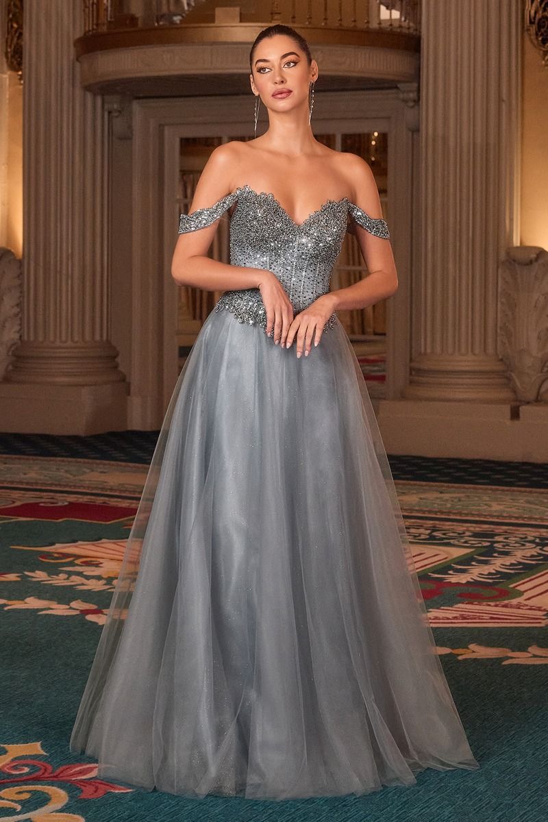 Cinderella Divine -CC471 Beaded Off Shoulder A-line Gown
