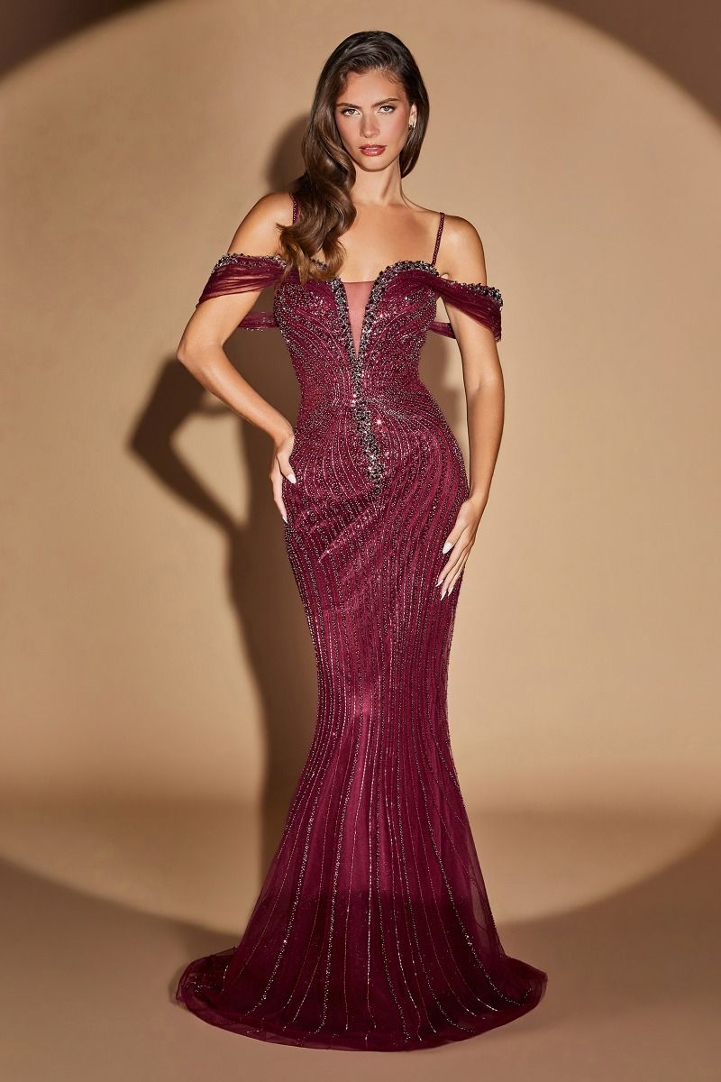 Cinderella Divine -CC496 Off Shoulder Beaded Mermaid Evening Gown