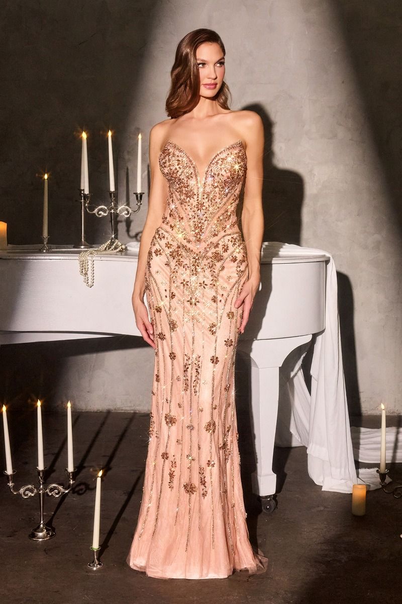 Cinderella Divine -CC8271 Beaded Lace Strapless Tulle Prom Gown