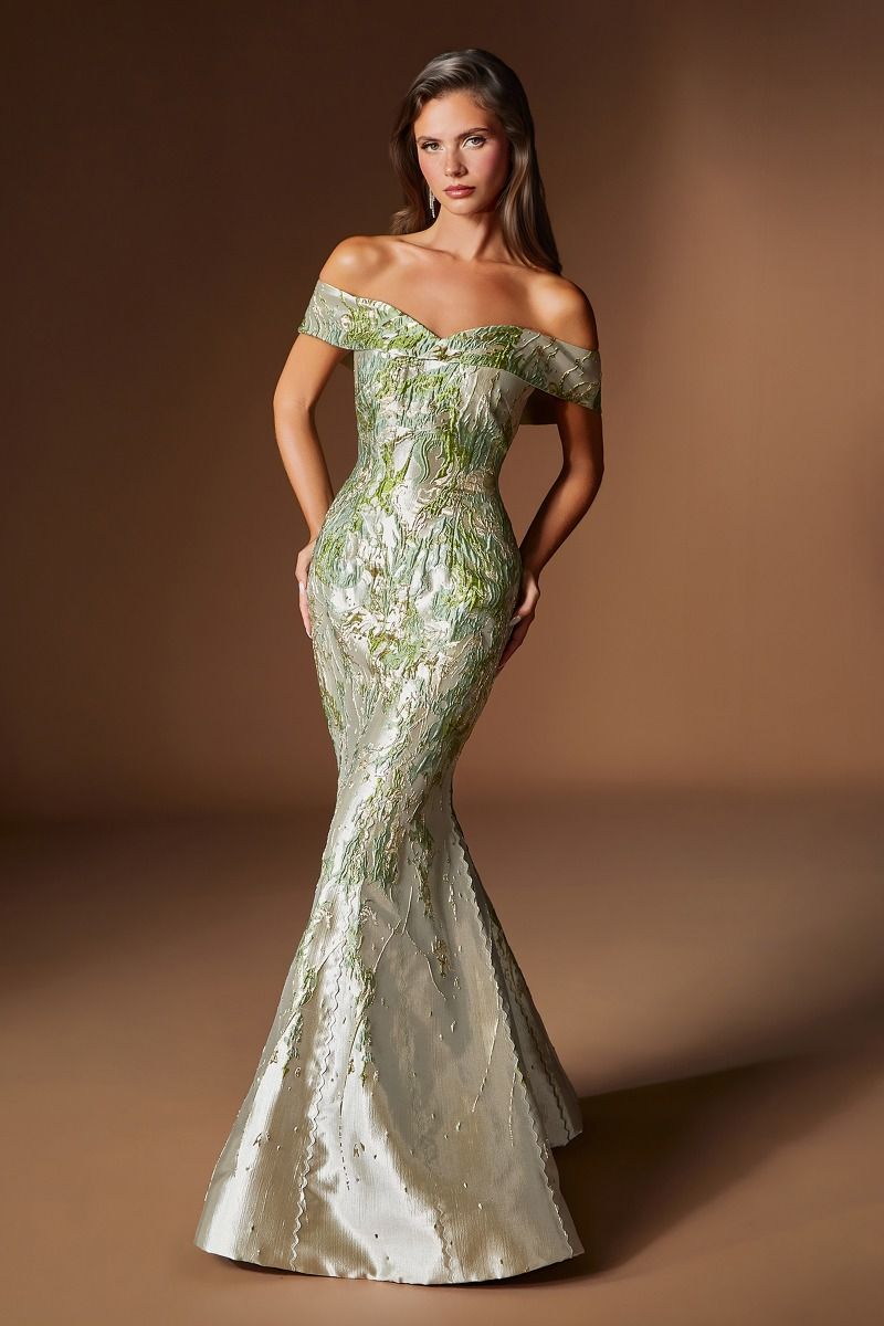 Cinderella Divine -CD0107 Jacquard Print Off Shoulder Gown